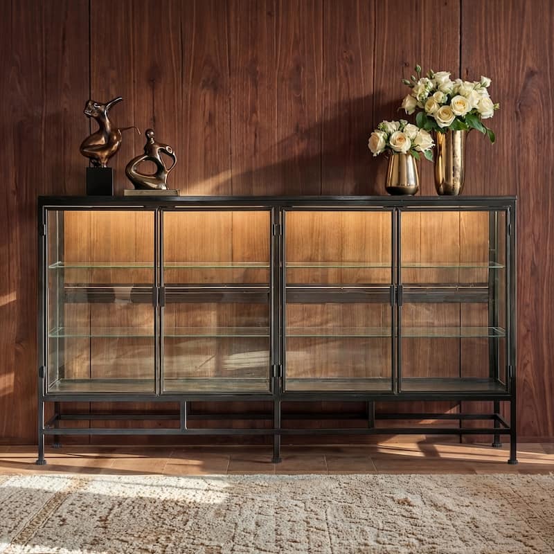 63" Industrial Glass Display Cabinet with LED Lights, 4-Door Metal & Wood Curio Sideboard for Living Room