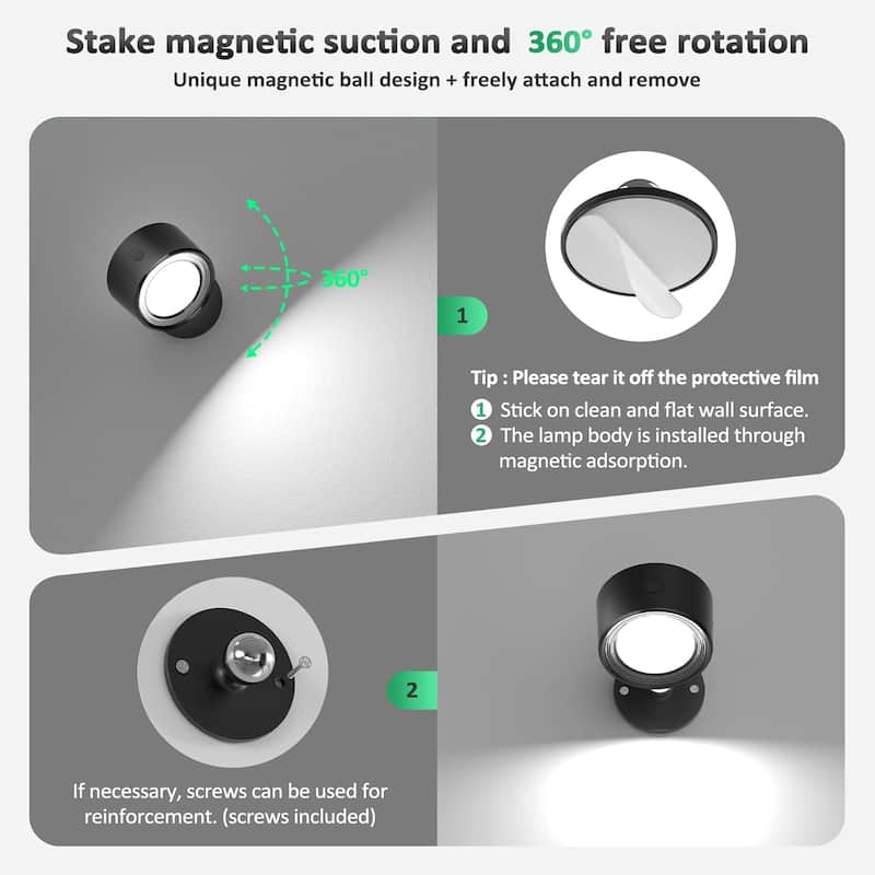 2 pcs battery operated light black rotation light plastic, metal wall light