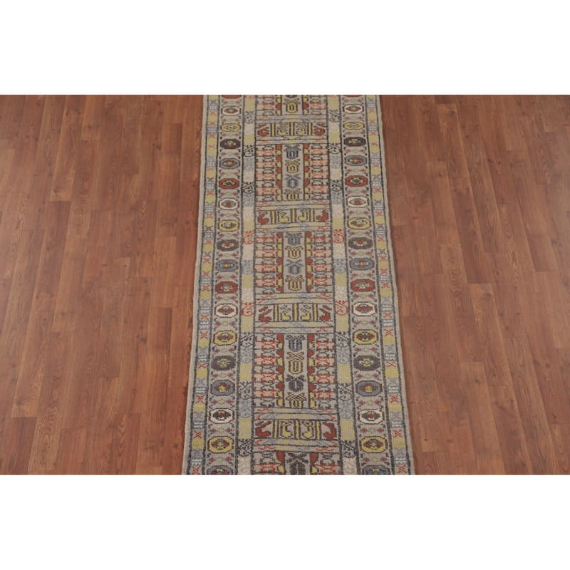 Tribal Beige Geometric Khotan Runner Rug Hand-Knotted Wool Carpet - 2'5"x 10'0"