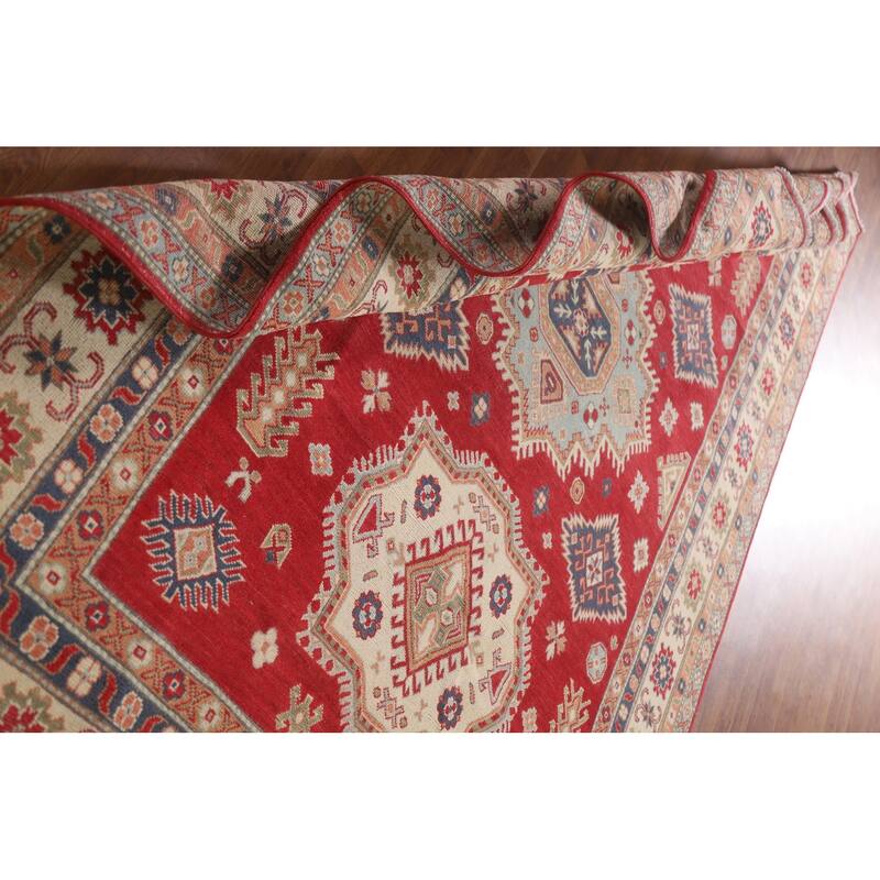 Hand Knotted Oriental 100% Wool Carpet Traditional Geometric Red Kazak Area Rug - 9' 10'' X 6' 7''