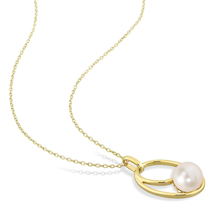 Miadora 9-9.5mm White Freshwater Cultured Pearl Fashion Pendant with Chain Yellow Silver 18KY Micron Plated