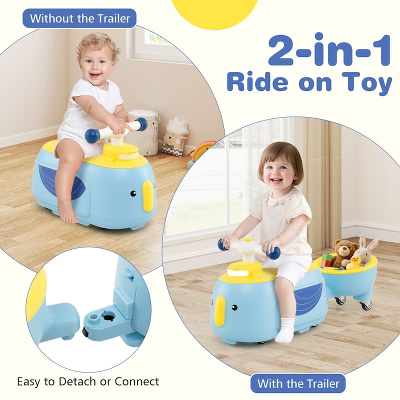 Toddler Ride On Car with Trailer 2-in-1 Foot-to-Floor Sliding Toy with Lights and Music - 28" × 9.5" × 12"