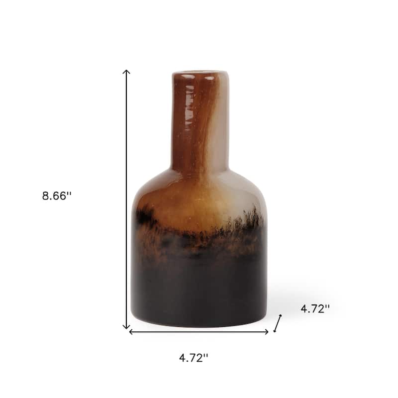 9" Amber Cream And Dark Brown Abstract Tulip Glass Table Vase - 4.72