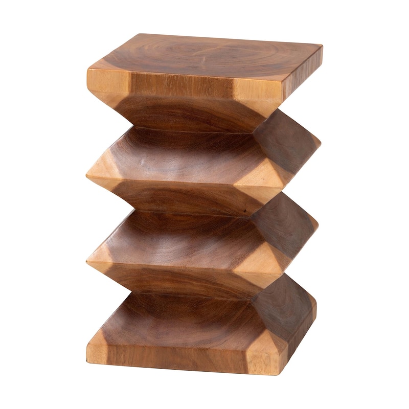 Malati Solid Suar Wood Side Table - Hand-Carved Sculptural End Table with Zigzag Design, Modern Boho Style - Natural Brown
