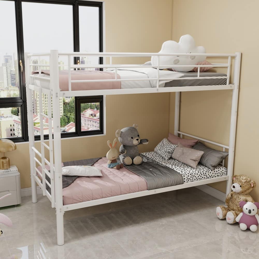 Twin Over Twin Modern Convertible Metal Bunk Bed with Ladders and Guardrail