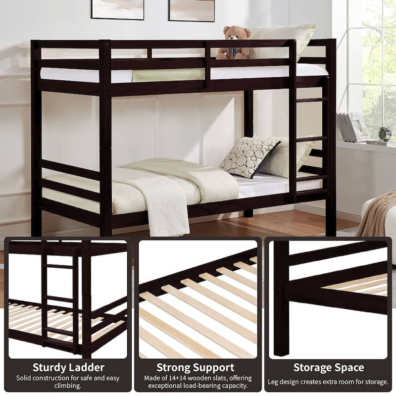 Twin over Twin Wooden Bunk Bed,High Guardrail,Ladder,Kids Teens,Dorm