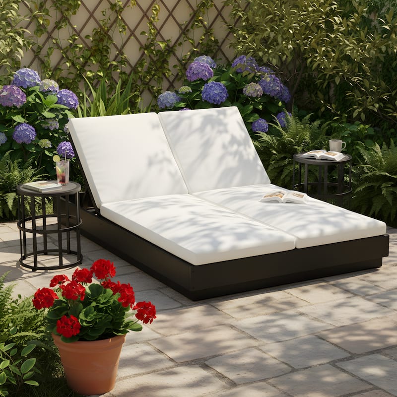 Christopher Knight Home - Outdoor Acacia Wood 5-Position Adjustable Double Sunlounge Set with 16.54" Ceramic Tile Side Table - 3-Piece Set-Black+Beige