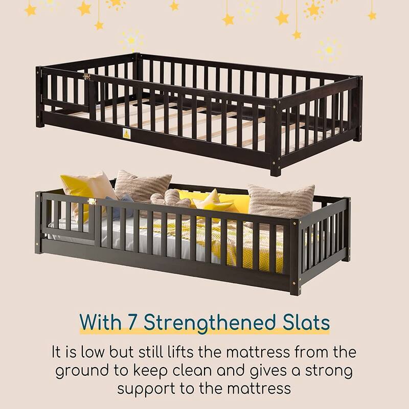 Twin/Full/Queen Size Floor Bed with Safety Guardrails, Toddler Floor Bed for Girls and Boys