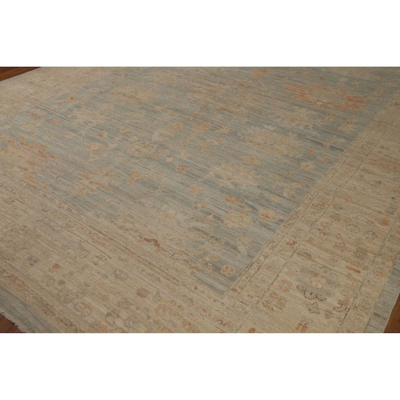 Vegetable Dye Blue Oushak Turkish Area Rug Hand-Knotted Wool Carpet - 9'0" x 11'10"