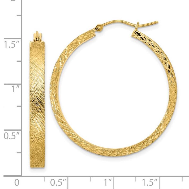 Curata 14k Yellow Gold Criss Cross Textured 37.42x4mm Hoop Earrings