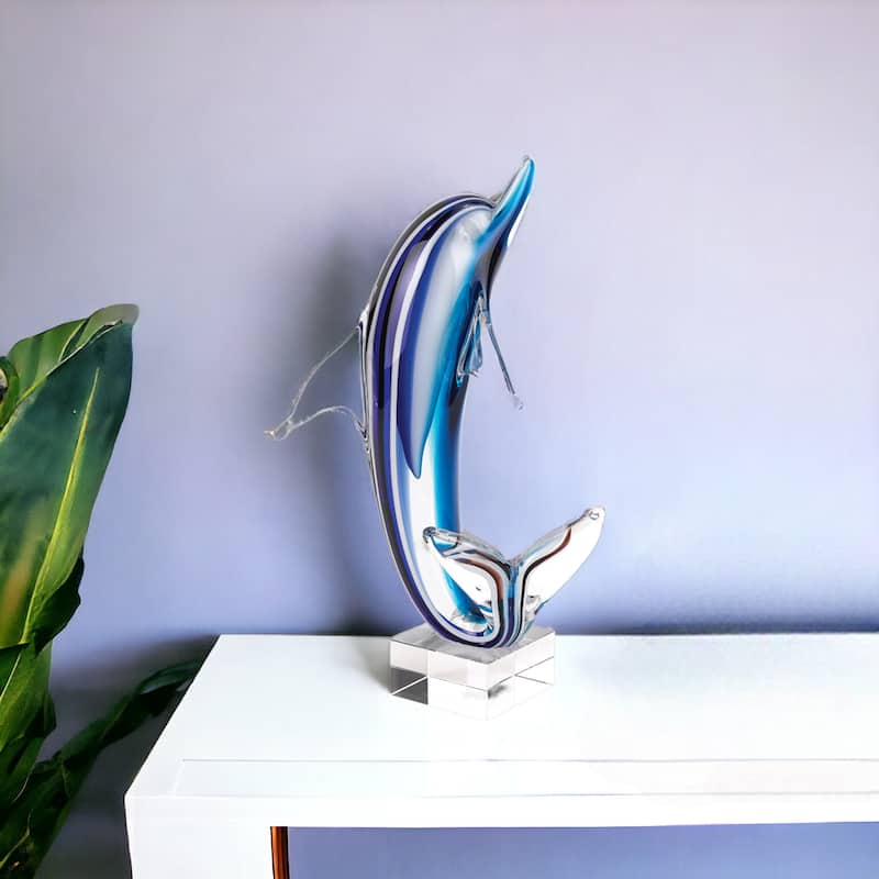 HomeRoots 14" Blue Murano Glass Dolphin Figurine Tabletop Sculpture - 8' X '14' X '9 - 8' X '14' X '9