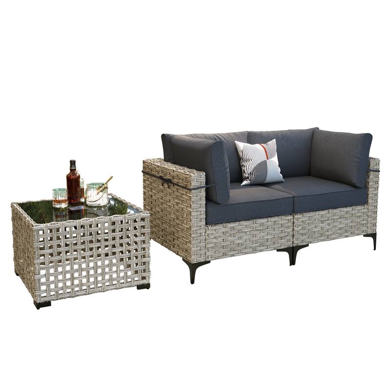 OVIOS 3 Pieces Outdoor Wicker Furniture Set With Solar-Powered Coffee Table