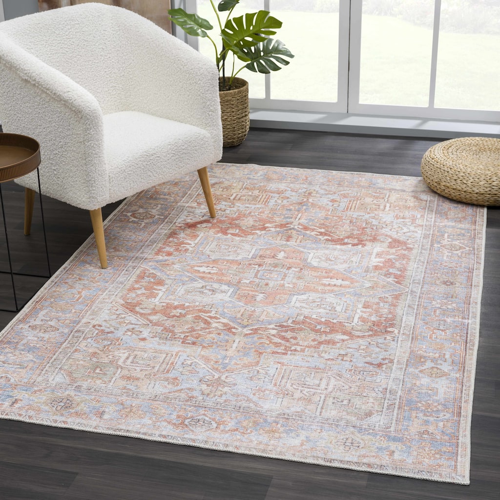 Hauteloom Maayon Hallway, Kitchen Machine Washable Runner Rug - Brick Red, Dark Red, Navy - 2'7" x 7'3"