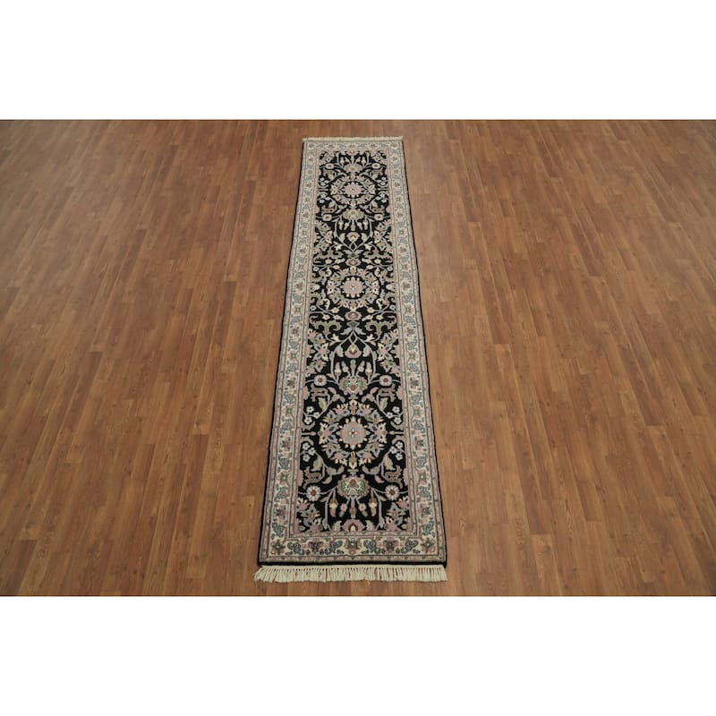 Hand Knotted Oriental 100% Wool Carpet Traditional All-Over Navy Blue & Blues Kashan Runner Rug - 10' 2'' X 2' 6''