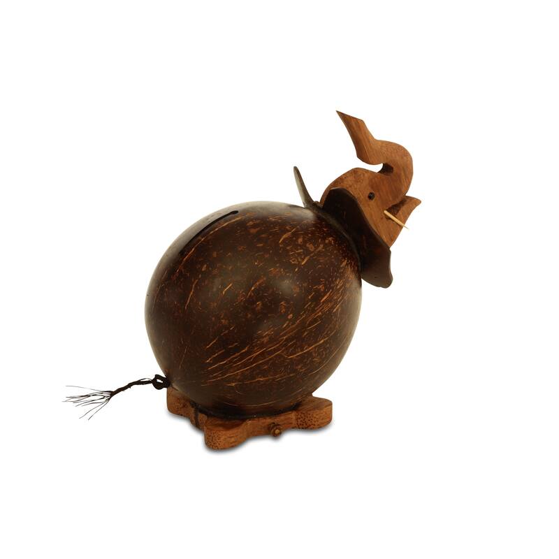 Unique Handmade Coconut Shell Wood Elephant Coin Piggy Bank Handcrafted Wooden Rustic Hand Carved Keepsake Saving Money