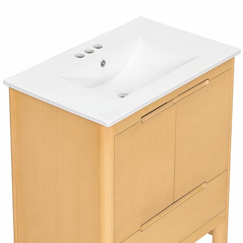 30 Inch Modern Bathroom Vanity with Ceramic Sink, Natural Wood Grain Cabinet, Solid Wood Frame
