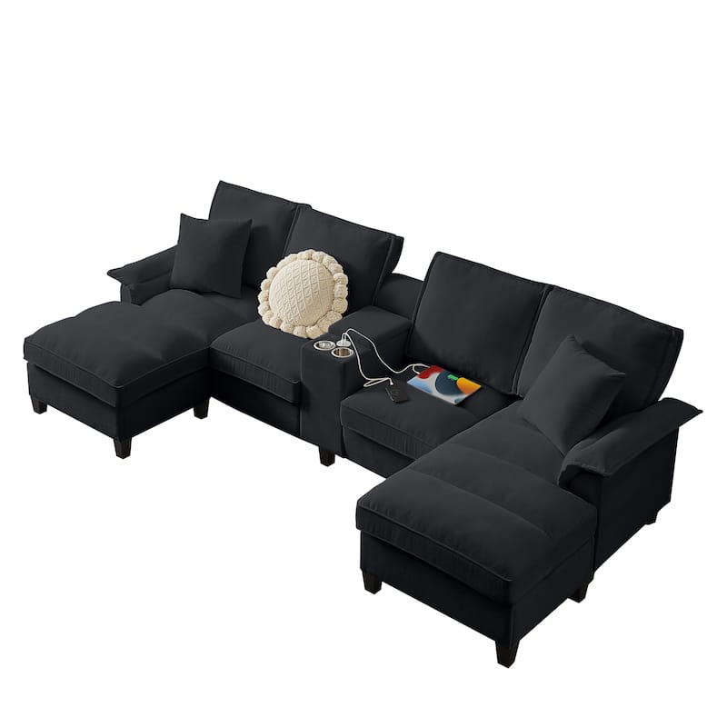 Corduroy U-shaped Sectional Sofa with Double Storage Chaise Lounge, Console Table with Charging Station, Box and Cup Holders