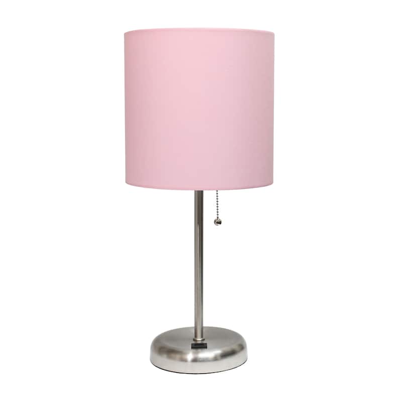19.5" USB Port Feature Metal Lamp in Steel w Aqua Shade - Brushed Steel/Light Pink Shade