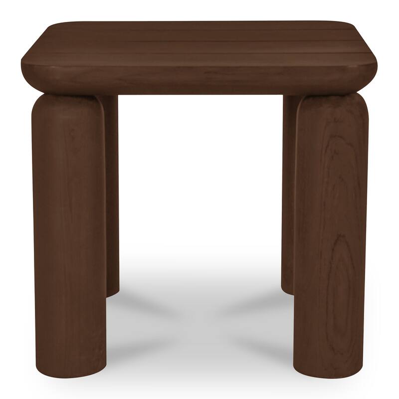 NADAAL STUDIOS Thalira Outdoor Side Table, Slatted Top in Solid Teak, Sculptural Form, Brown Finish