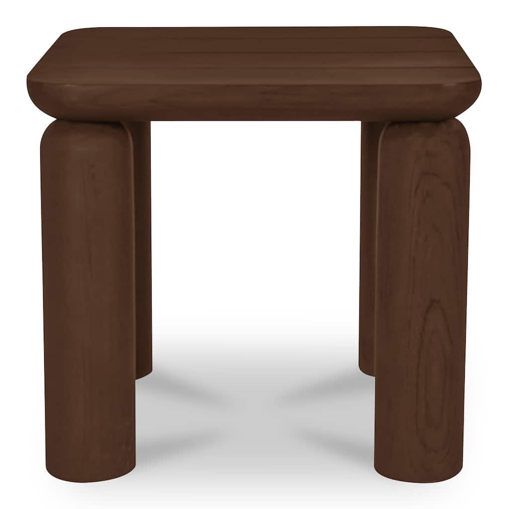 NADAAL STUDIOS Thalira Outdoor Side Table, Slatted Top in Solid Teak, Sculptural Form, Brown Finish