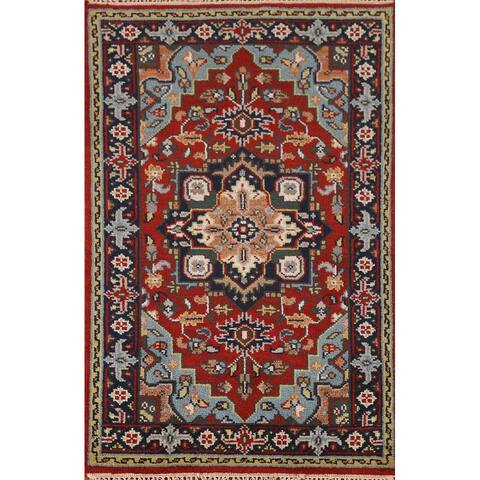Geometric Heriz Serapi Oriental Area Rug Hand-Knotted Red Wool Carpet - 2'11"x 4'11"