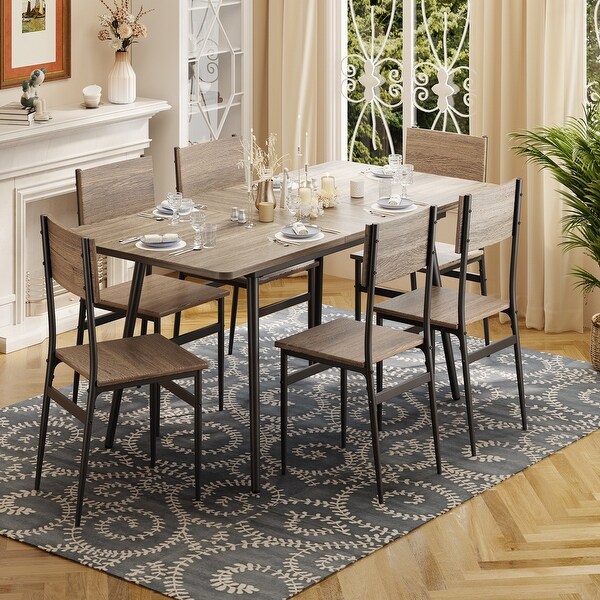 7 Piece Industrial Dining Table Set for Kitchen with 6 Chairs