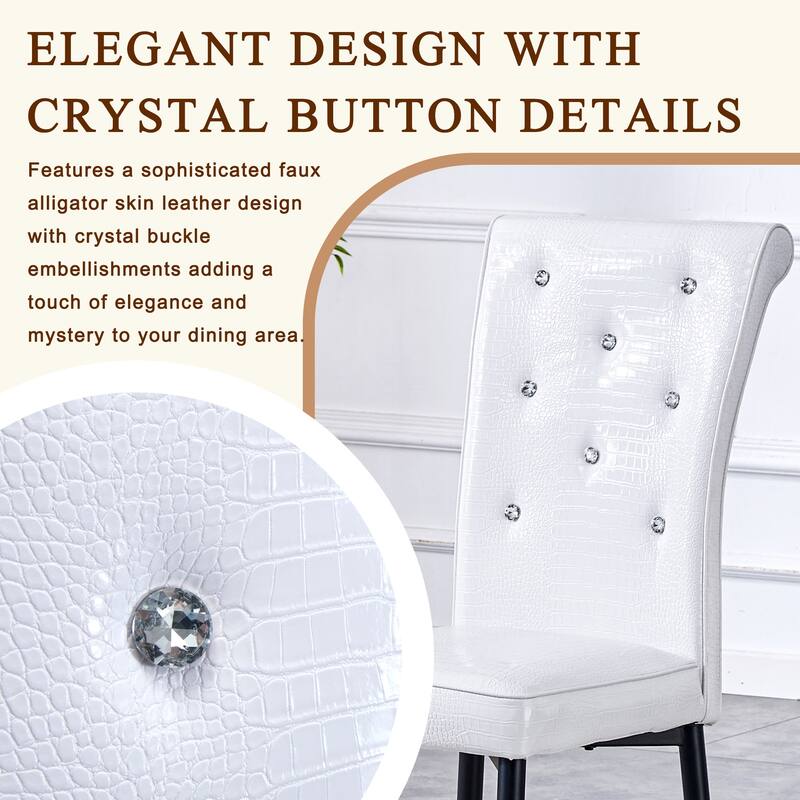 A set of 4 white and black vintage crocodile leather cushioned dining chairs, featuring crystal clasp design and leather