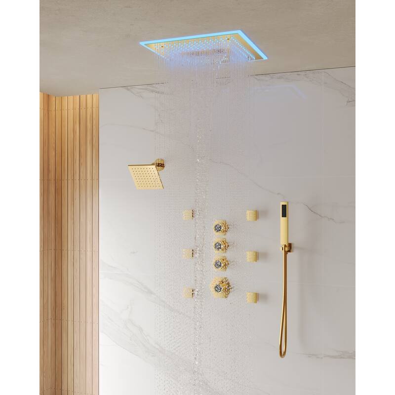 Shower Faucet Set Dual Heads with 3 Spray Modes 16" Ceiling and 6" Wall Mount Body Jets Handheld Spray LED Music - Brushed Gold