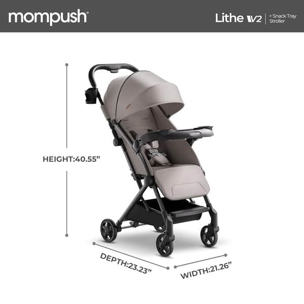 dimension image slide 0 of 4, Mompush Lithe V2 Lightweight Stroller with Snack Tray, Ultra-Compact Fold & Airplane Ready Travel Stroller, Near Flat Recline