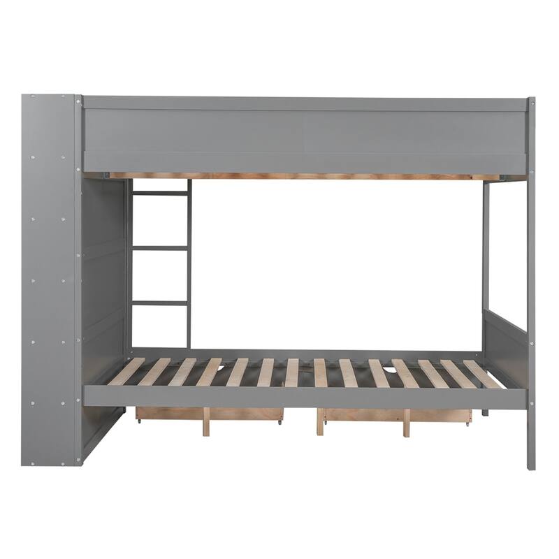 Full Over Full Wood Bunk Bed with 2 Drawers and Multi-layer Cabinet