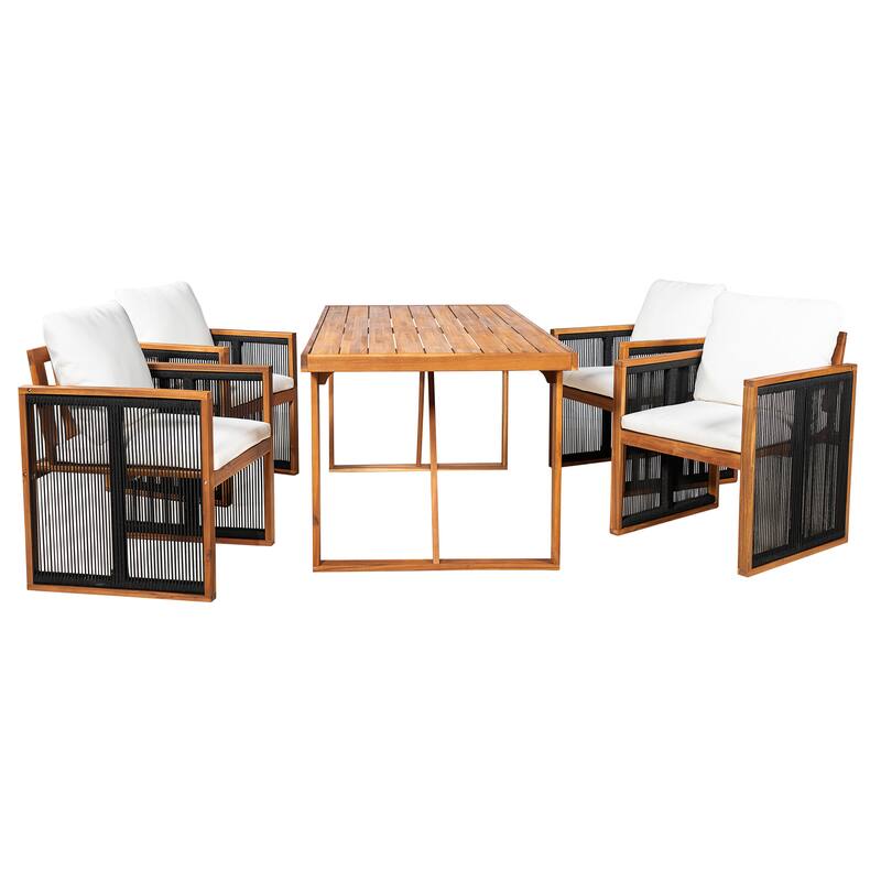 Christopher Knight Home - Modern Outdoor Acacia Wood Dining Set with Cushions and Handwoven Rope Chairs