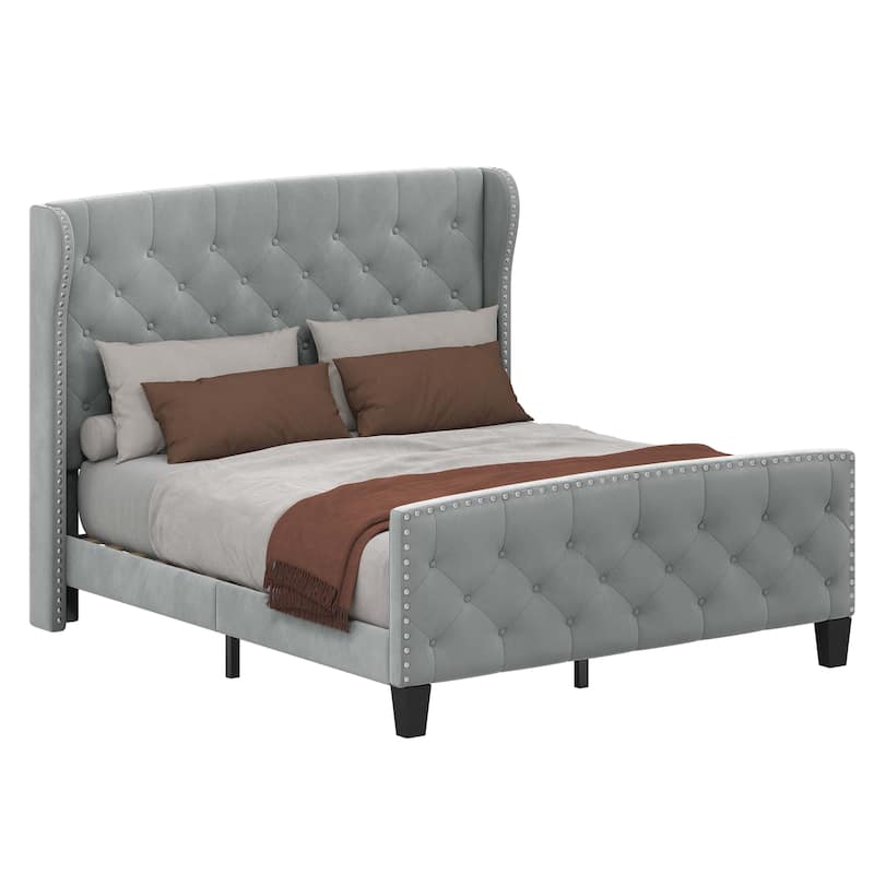 Queen Adjustable Upholstered Headboard Platform Bed Wingback Bed Frame