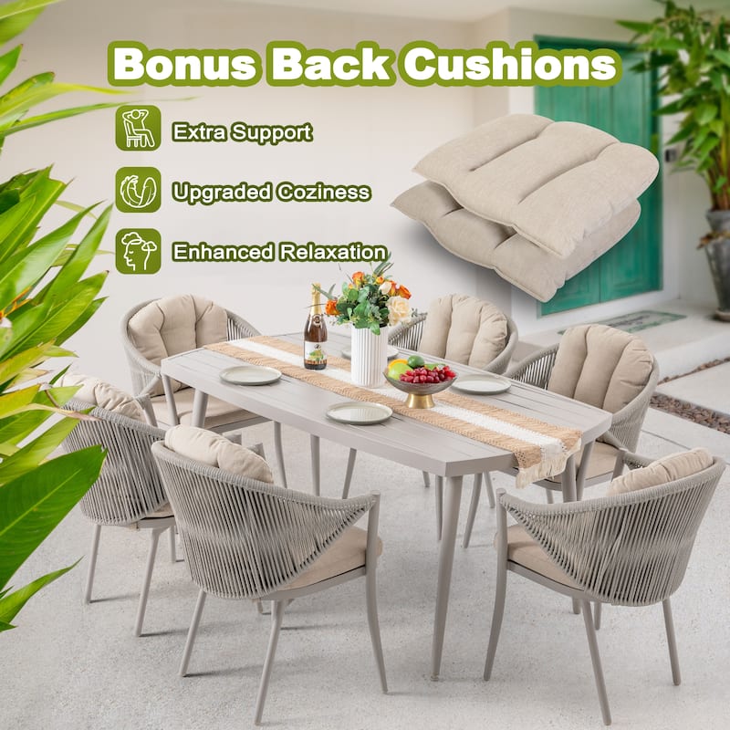 Patio 7-Piece Dining Set with Cushions and Pillows, Umbrella Hole, Beige
