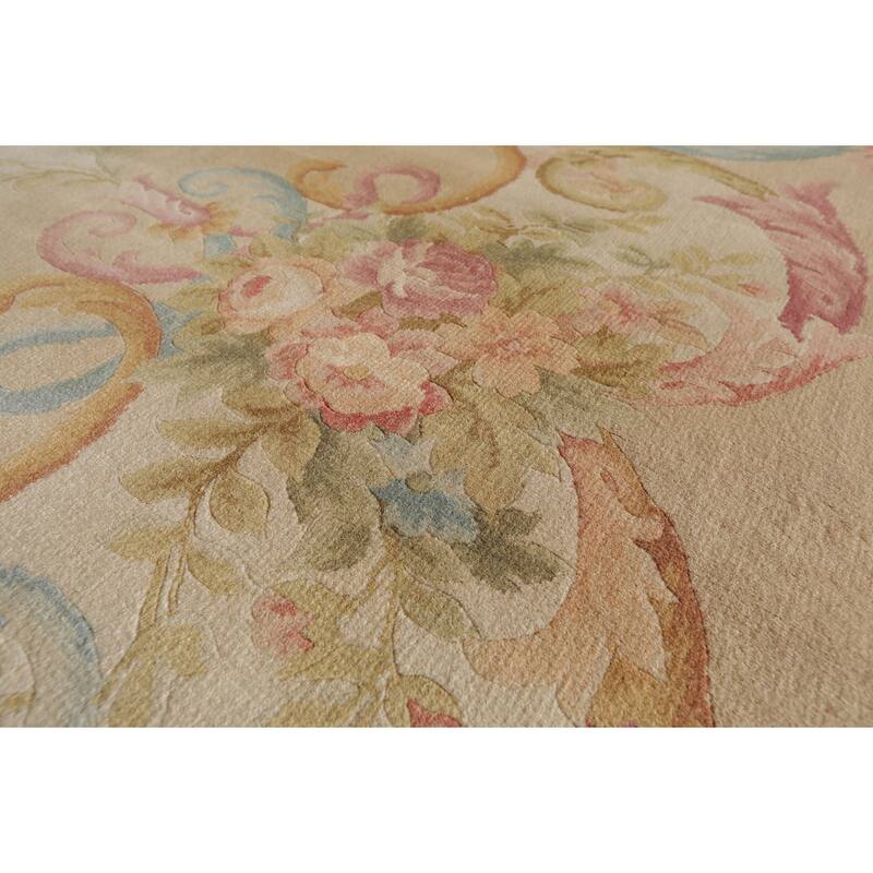 12x18 Hand Knotted Beige Silk Traditional Plush Pile Aubusson Savonnerie Rug - 12' x 18'