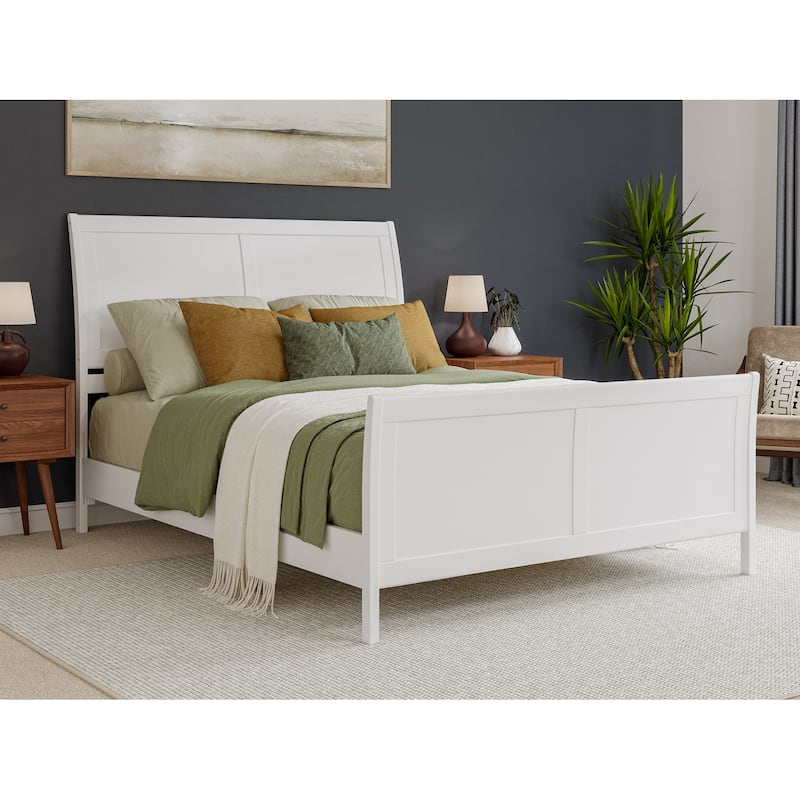 Valencia Solid Wood Low Profile Sleigh Platform Bed with Matching Footboard - White - Queen