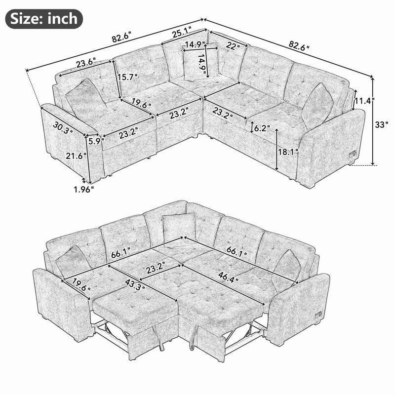 82.6" L-shape Sofa Bed,Sleeper Sofa with Wheels and USB Ports