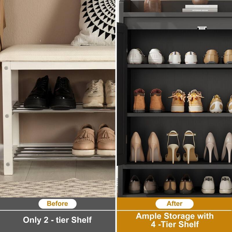 Rattan Shoe Cabinet with 2 Doors, 5-Tier Wooden Shoe Storage Organizer