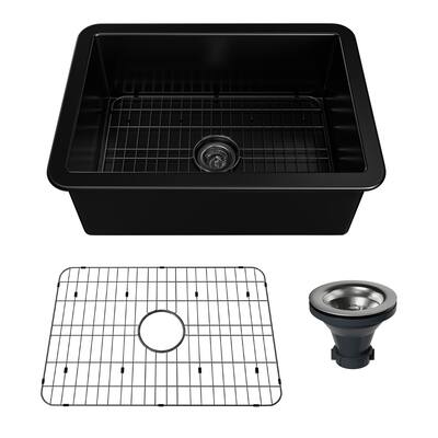 27-in Glossy White Undermount Single Bowl Fireclay Kitchen Sink With Grid and Drainer - 27