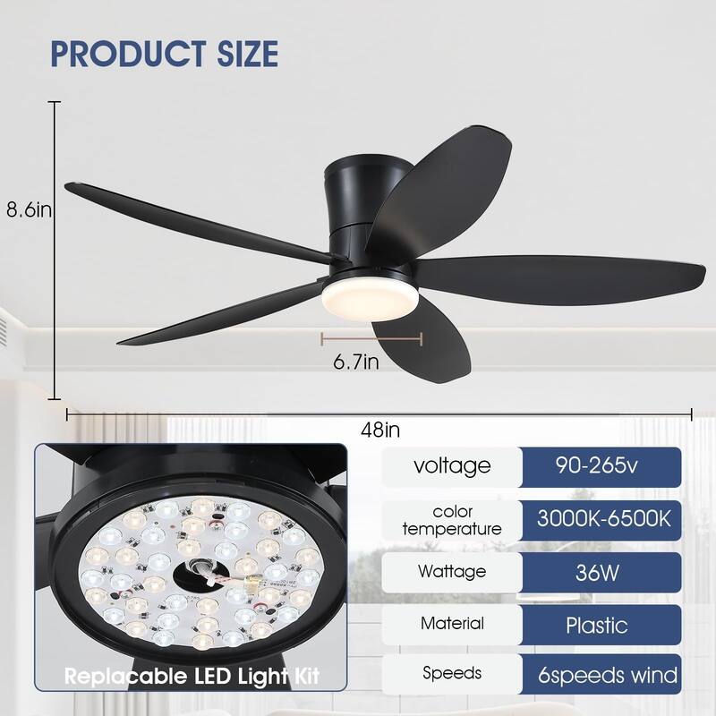 36"/42"/48" Low Profile Ceiling Fan with ABS Blades 3 Color LED Flush Mount for Bedroom Living Room APP and Remote Control