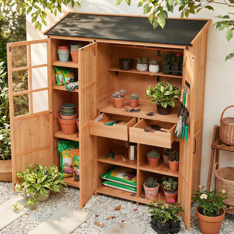 Roomfitters 71.6" Garden Potting Bench with Storage Cabinet, Waterproof Roof Outdoor Potting Table, Shelves, Drawers - Brown