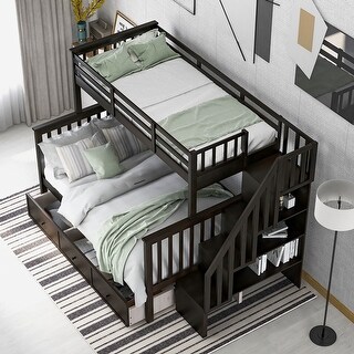 Modern Twin Over Full Wood Bunk Kids Bed with Stair,Drawers,Guardrail