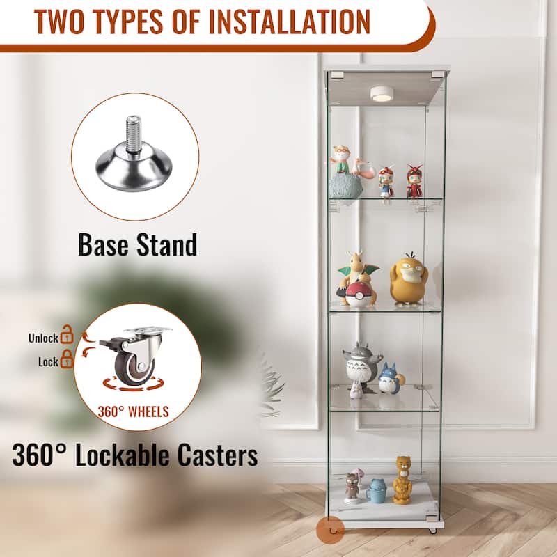 Glass Display Cabinet with Doors & Locks, Acrylic Shelves, Floor Standing Storage Showcase for Home or Office