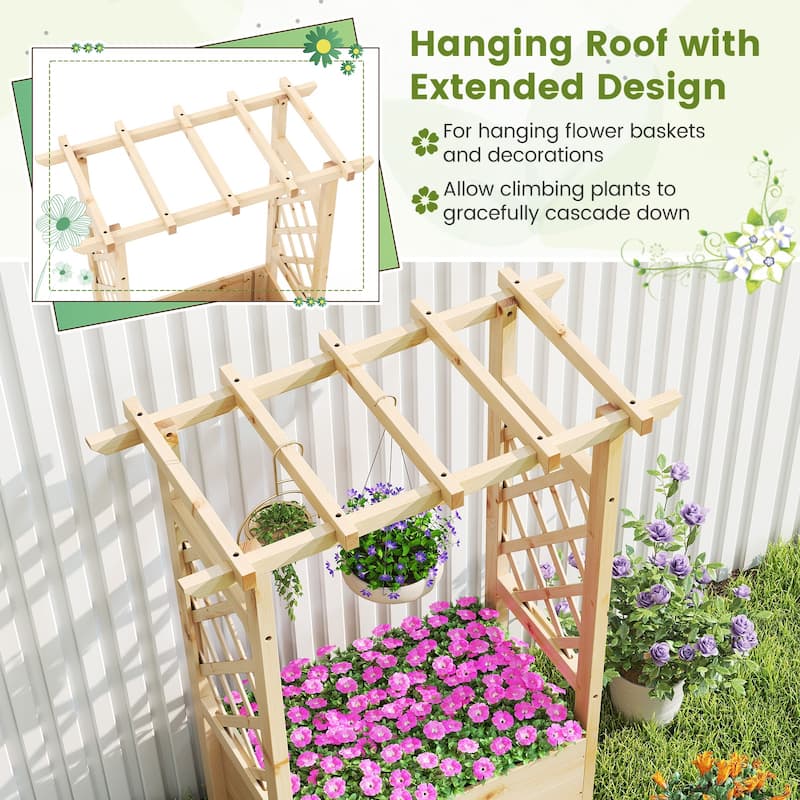 Gymax Wooden Raised Garden Bed/ Lattice Trellises Hanging Roof
