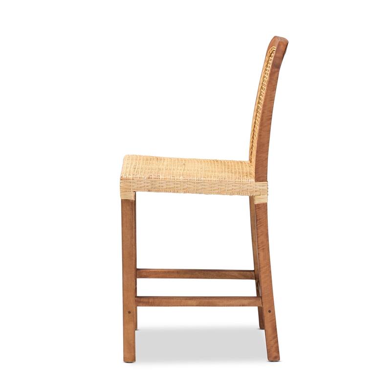 Caspia Mid-Century Mahogany Wood & Natural Rattan Counter Stool