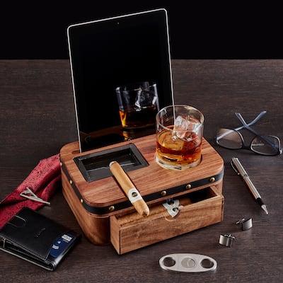 Barrel-Inspired Acacia Wood Personal Whiskey and Cigar Station