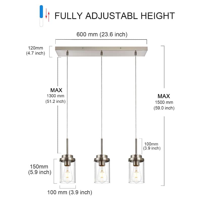 Kitchen Pendant Lighting Over Island 3 Lights Linear Chandelier, Light Fixtures Ceiling Hanging Lamp with Clear Glass Shade