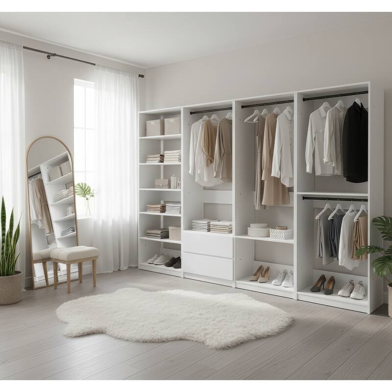 Prosper White Freestanding Walk in Wood Closet System - 125.6"W x 15.7"D x 83" H