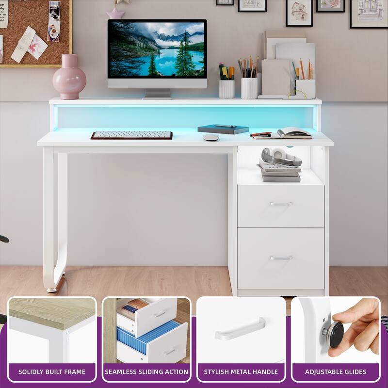Moasis Home Office LED Light Computer Desk with Cabinet and Power Outlets