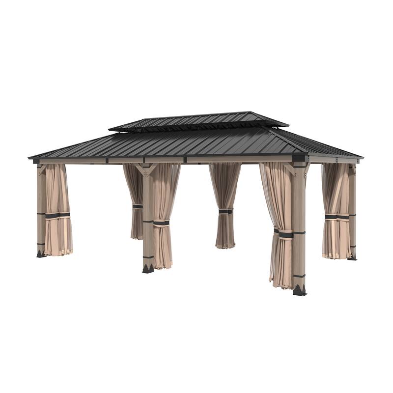 12X20FT Outdoor Wood Frame Patio Gazebo, Metal Pavilion with Curtain and Netting
