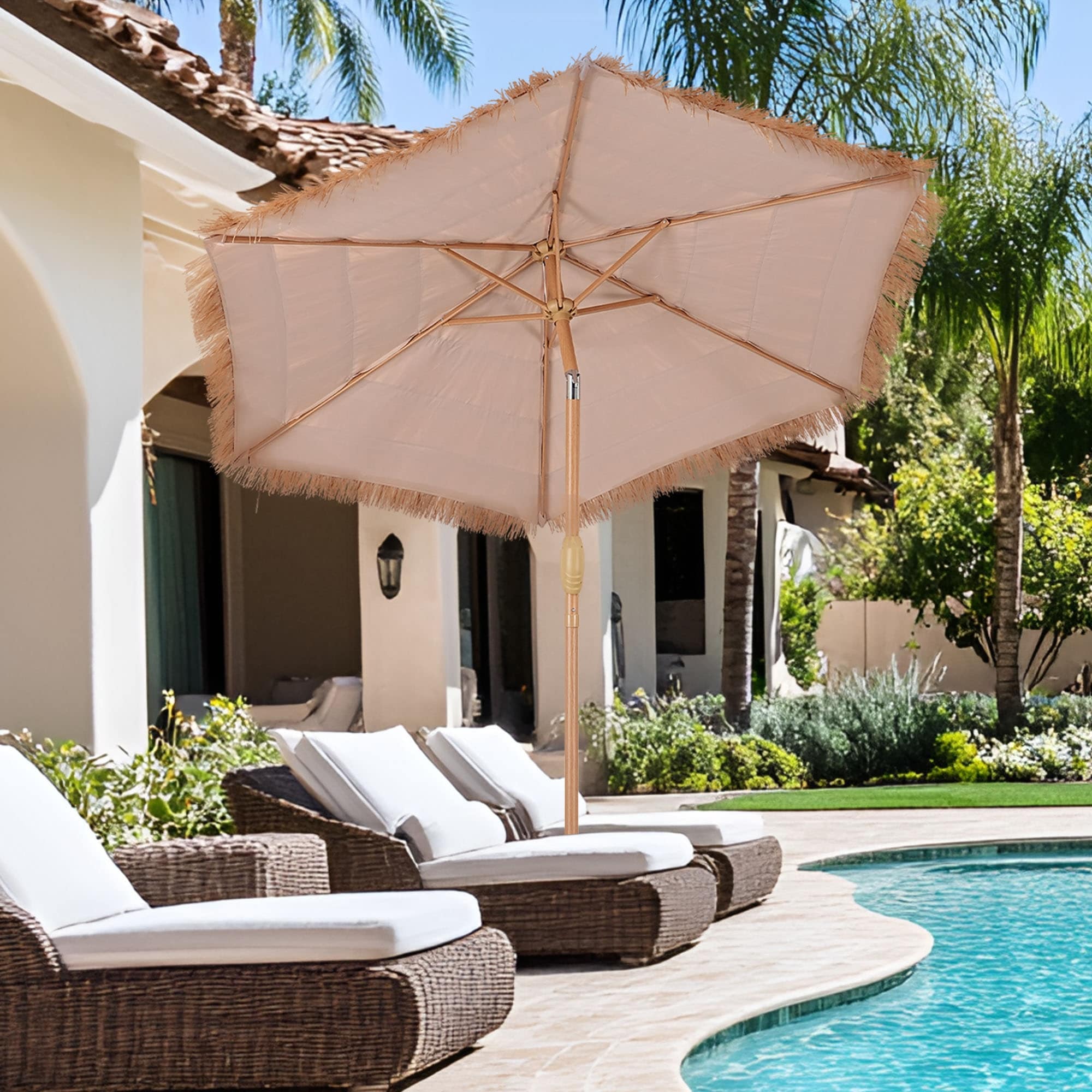 7 thatch patio umbrellas Tangkula 10 ft Thatched Umbrella, 2 Tier Hawaiian Style Grass Beach Umbrella with 32 Led Lights, Center Light, Solar Tiki Umbrella with 8 Ribs, Tilt Adjustment, Manual Crank for and fade resistance Ainfox 7.5 ft Hula Thatched